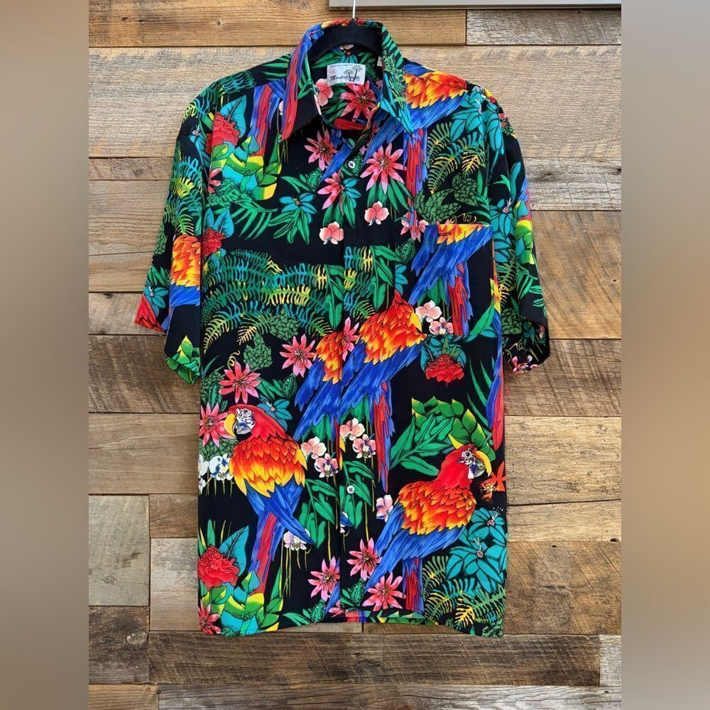 Men’s Vintage Original Hawaiian Shirt by Monticerutti Tropical Parrot Print sz M